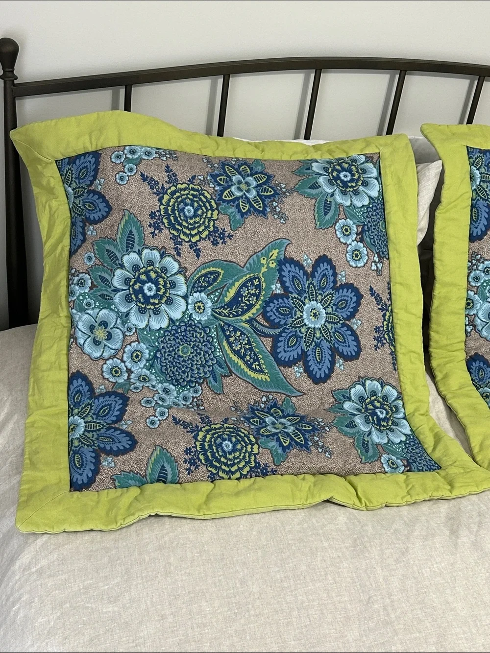 Set of two Square euro sham pillow covers.Floral Blue & Lime. 30 x 30 inches